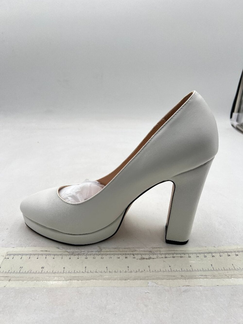 miss left White Platform Almond Toe Pumps Classic Slip On Block High Heel Shoe